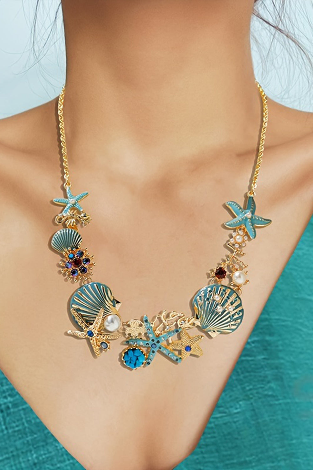 Light Blue Seashell Starfish Pearl Decor Alloy Adjustable Necklace