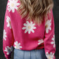 Bright Pink Daisy Flower Crew Neck Long Sleeve Sweater