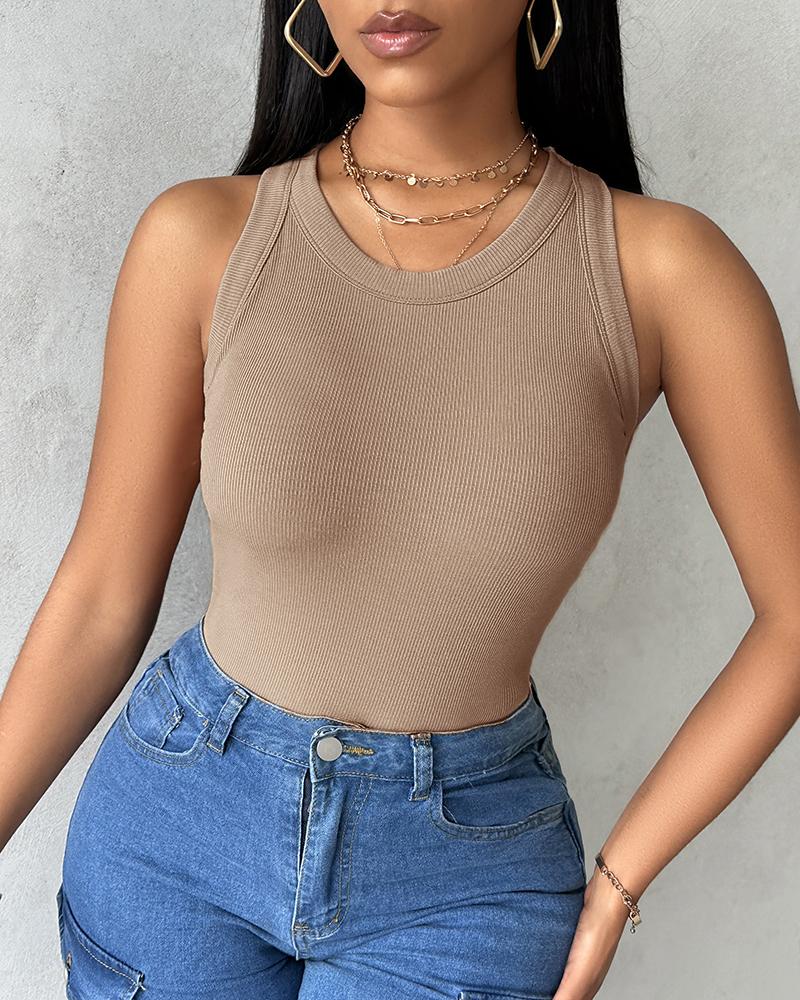 Round Neck Ribbed Tank Top With Bra Pads