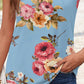 Floral Print Lace Cap Sleeve Ruched Top Casual Round Neck Summer Tank