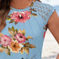 Floral Print Lace Cap Sleeve Ruched Top Casual Round Neck Summer Tank