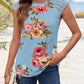 Floral Print Lace Cap Sleeve Ruched Top Casual Round Neck Summer Tank