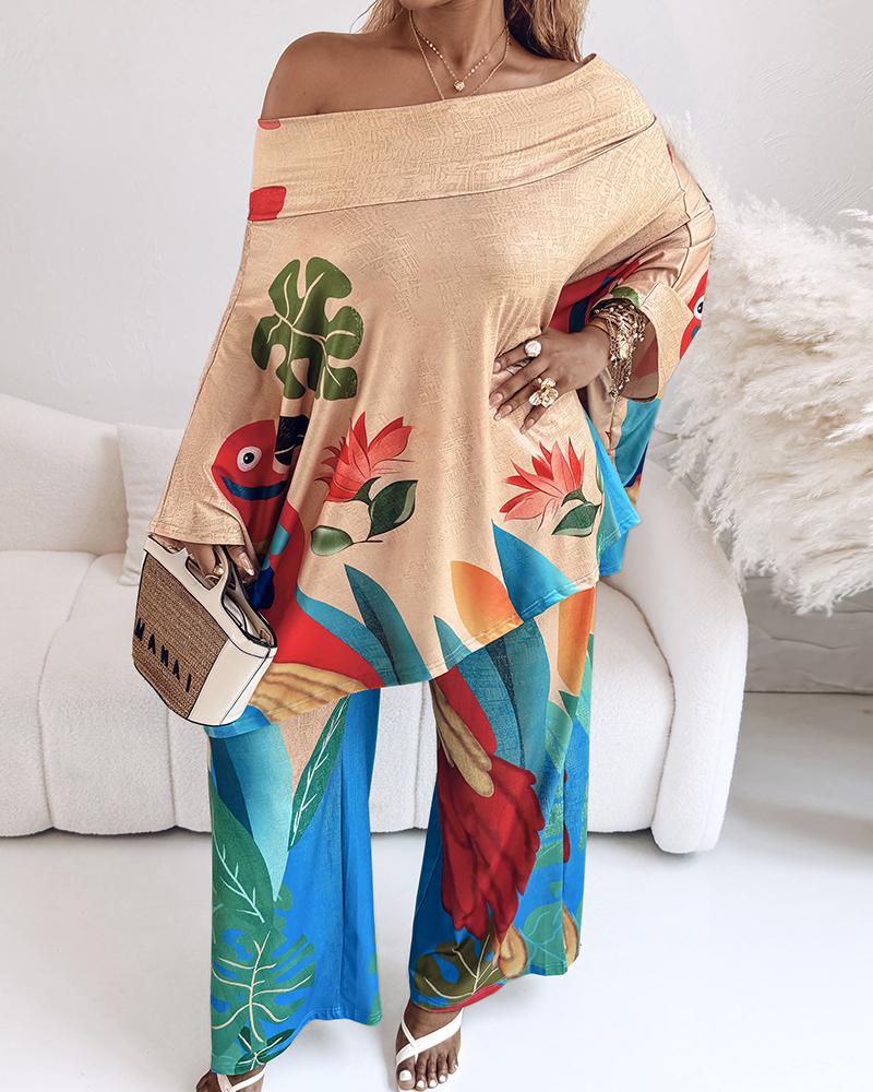 2 Pieces Outfit Abstract Print Cold Shoulder Batwing Sleeve Top and Casual Wide Leg Pants Set
