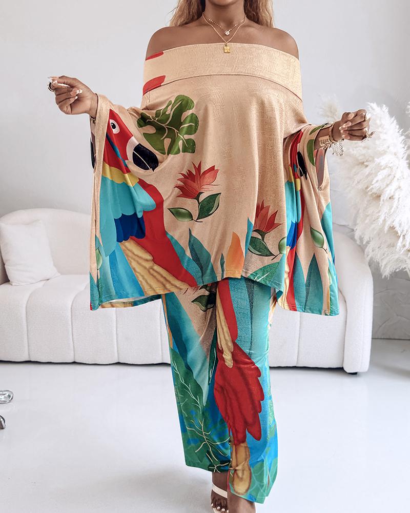 2 Pieces Outfit Abstract Print Cold Shoulder Batwing Sleeve Top and Casual Wide Leg Pants Set