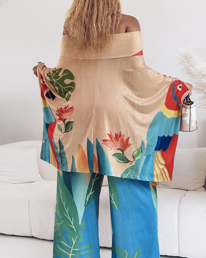2 Pieces Outfit Abstract Print Cold Shoulder Batwing Sleeve Top and Casual Wide Leg Pants Set