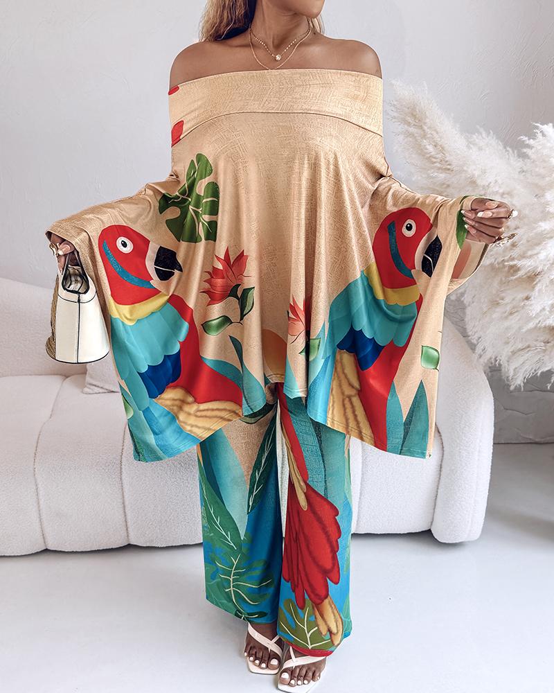 2 Pieces Outfit Abstract Print Cold Shoulder Batwing Sleeve Top and Casual Wide Leg Pants Set