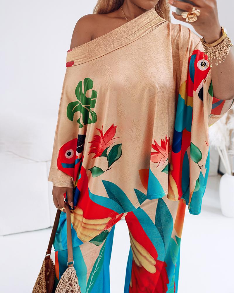 2 Pieces Outfit Abstract Print Cold Shoulder Batwing Sleeve Top and Casual Wide Leg Pants Set