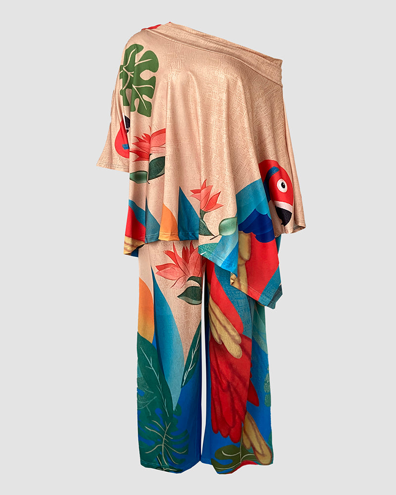 2 Pieces Outfit Abstract Print Cold Shoulder Batwing Sleeve Top and Casual Wide Leg Pants Set