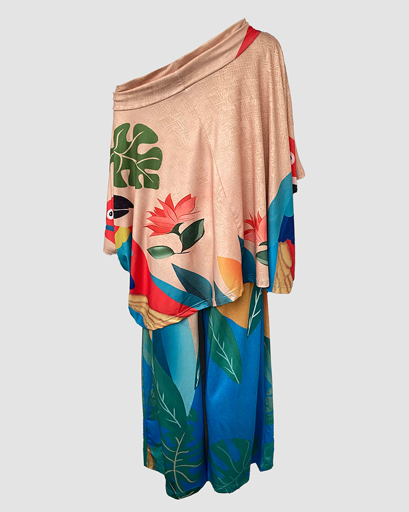 2 Pieces Outfit Abstract Print Cold Shoulder Batwing Sleeve Top and Casual Wide Leg Pants Set