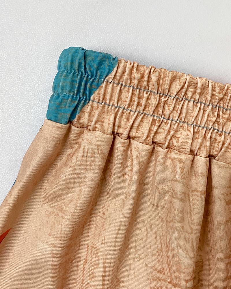 2 Pieces Outfit Abstract Print Cold Shoulder Batwing Sleeve Top and Casual Wide Leg Pants Set