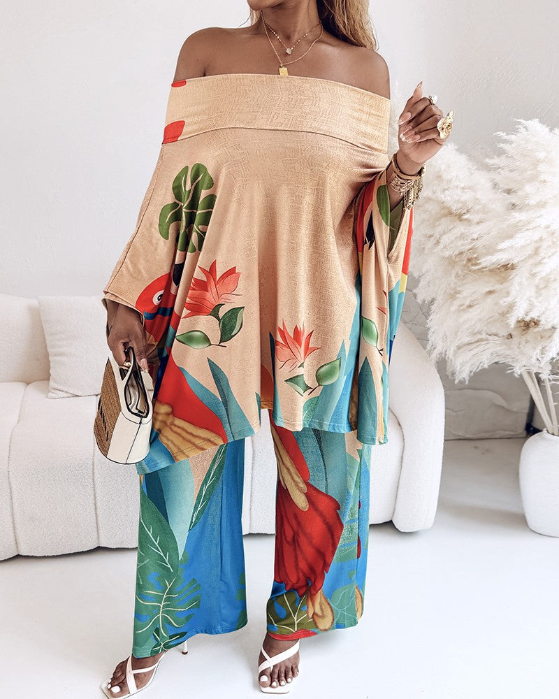 2 Pieces Outfit Abstract Print Cold Shoulder Batwing Sleeve Top and Casual Wide Leg Pants Set