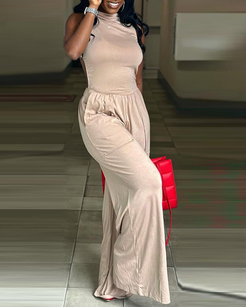 Mock Neck Ruched Pocket Design Casual Jumpsuit