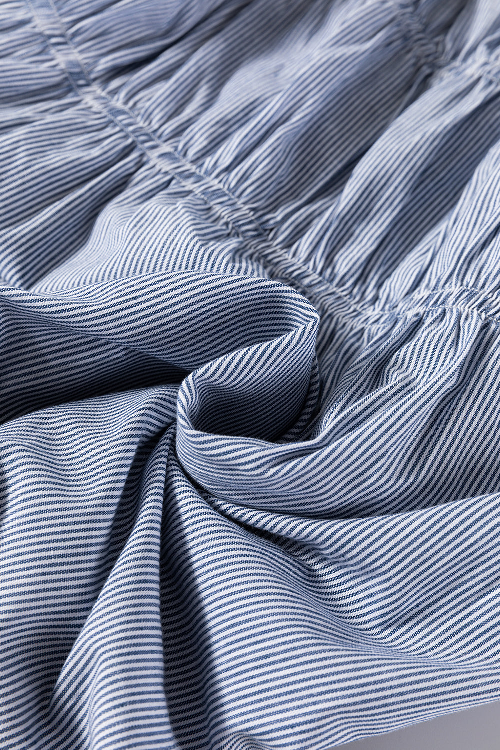 Sky Blue Stripe Bubble Sleeve Square Neck Ruched Pocketed Babydoll Dress