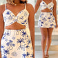 2 Pieces Outfit Beach Scene Print Twist Tied Crop Top and Slim Fit Shorts Set
