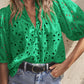 Green Flower Embroidered Hollow-out Puff Sleeve Blouse