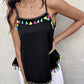 Square Neck Spaghetti Strap Colorful Tassel Decor Tank Casual Loose Fit Top