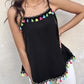 Square Neck Spaghetti Strap Colorful Tassel Decor Tank Casual Loose Fit Top