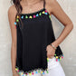 Square Neck Spaghetti Strap Colorful Tassel Decor Tank Casual Loose Fit Top