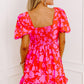 Red Floral Bubble Sleeve Sweetheart Neck Ruffled Mini Dress