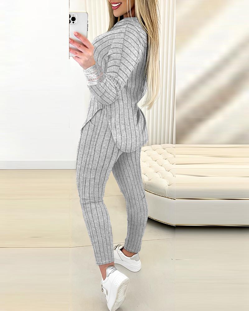 Lace Patch Ribbed Hooded Top & Pocket Design Pants Set