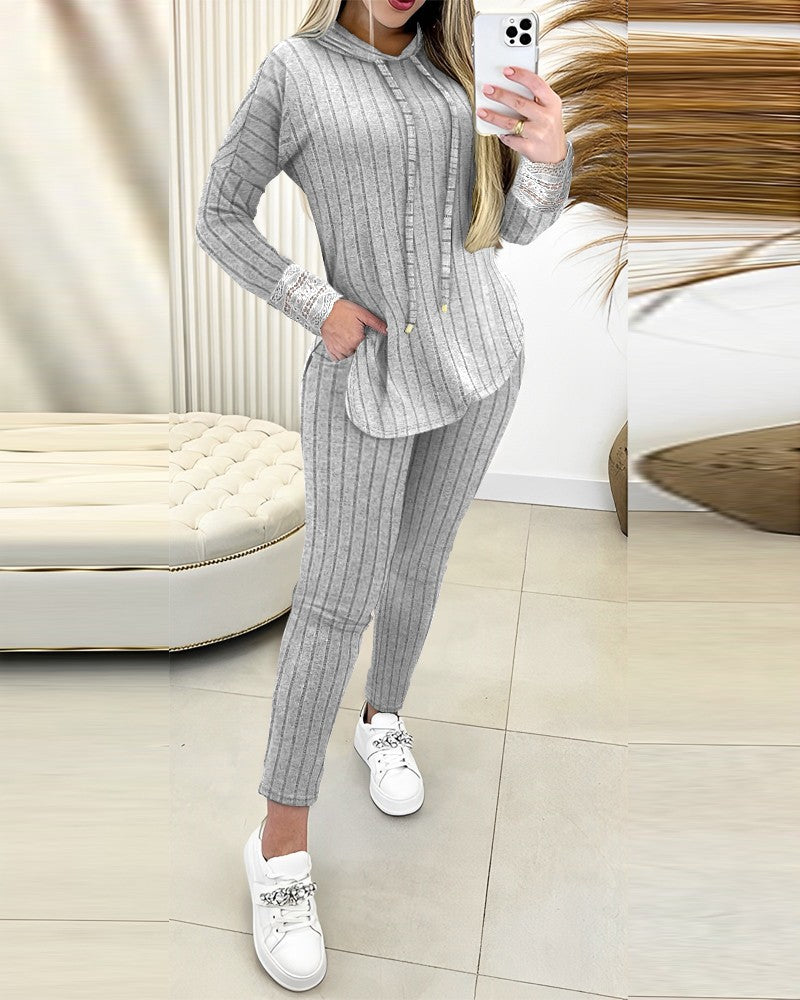 Lace Patch Ribbed Hooded Top & Pocket Design Pants Set