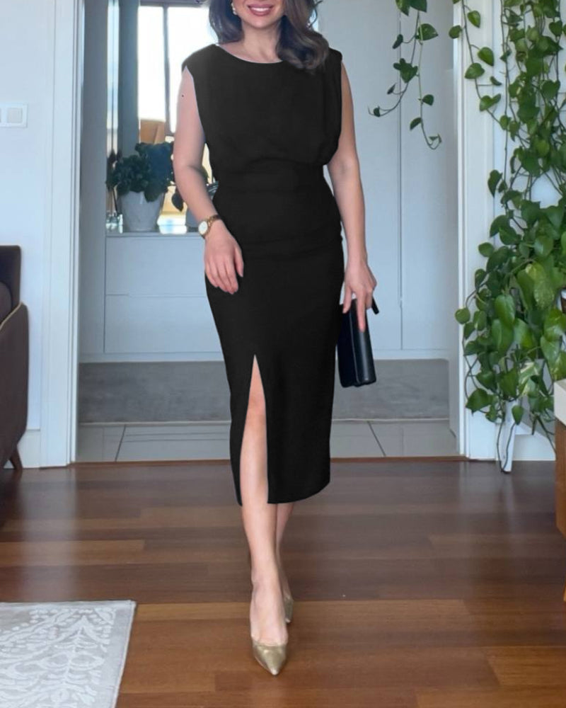 Round Neck Sleeveless Waist Ruched Slit Dress