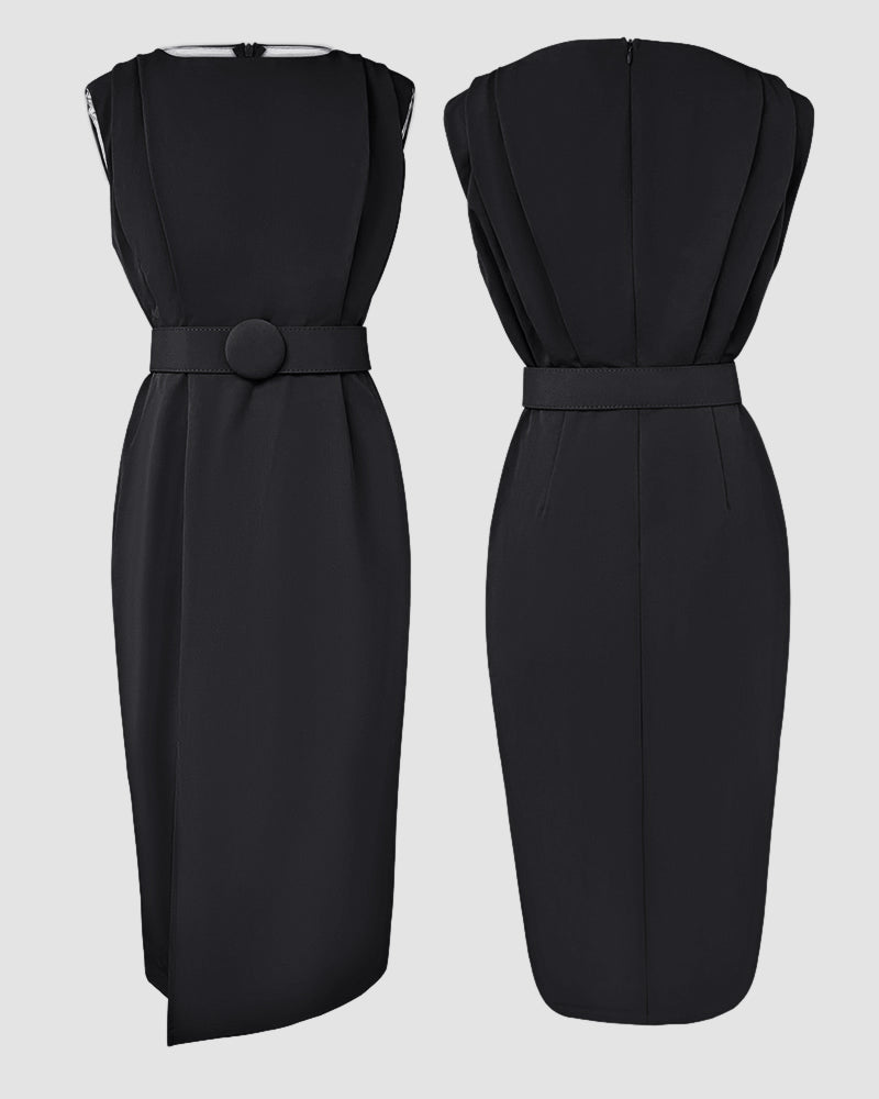 Round Neck Sleeveless Waist Ruched Slit Dress