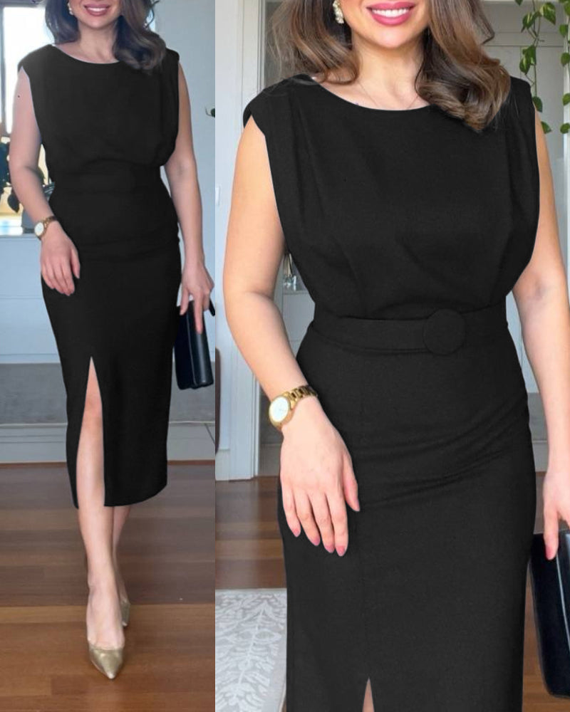 Round Neck Sleeveless Waist Ruched Slit Dress