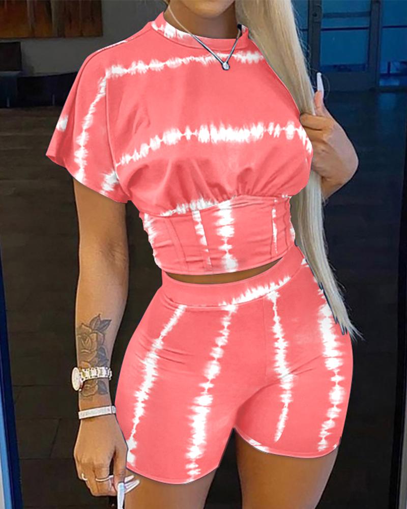 Tie Dye Print Corset Design Crop Top & Shorts Set