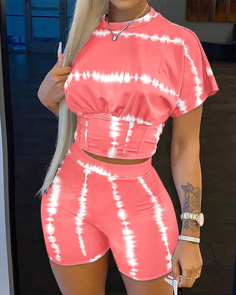 Tie Dye Print Corset Design Crop Top & Shorts Set