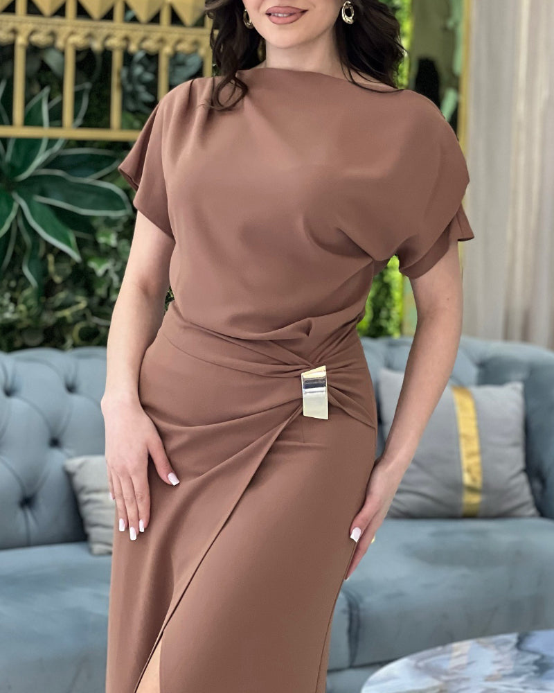 Skew Neck Short Sleeve Tied Detail Slit Dress