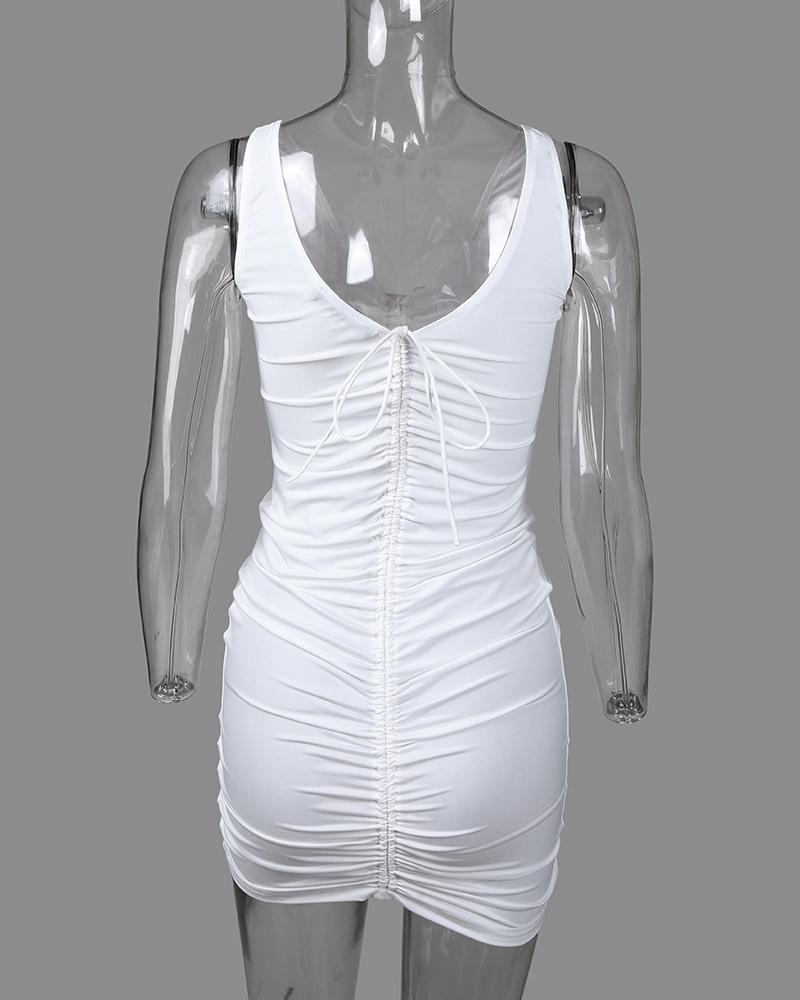 V Neck Drawstring Ruched Backless Bodycon Dress