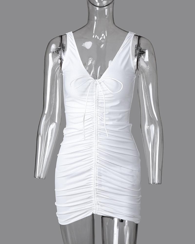 V Neck Drawstring Ruched Backless Bodycon Dress