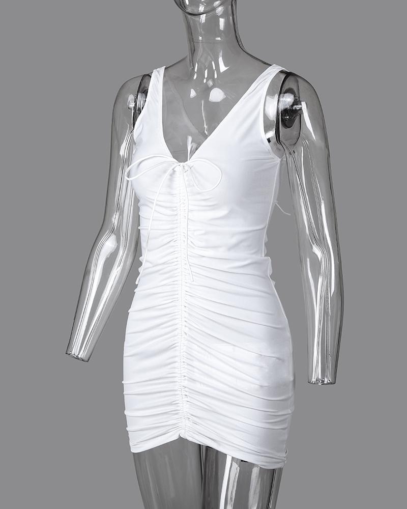 V Neck Drawstring Ruched Backless Bodycon Dress