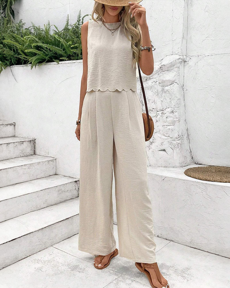 2 Pieces Outfit Back Lace Up Shell Trim Sleeveless Tank and Casual Pocket Design Pants Set