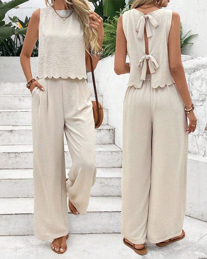 2 Pieces Outfit Back Lace Up Shell Trim Sleeveless Tank and Casual Pocket Design Pants Set