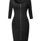 Square Neck Half Sleeve Full Front Zip Split Slim Fit Bodycon Dress