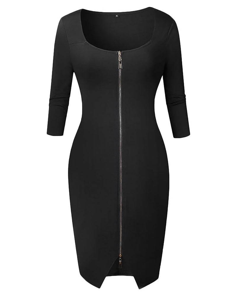 Square Neck Half Sleeve Full Front Zip Split Slim Fit Bodycon Dress