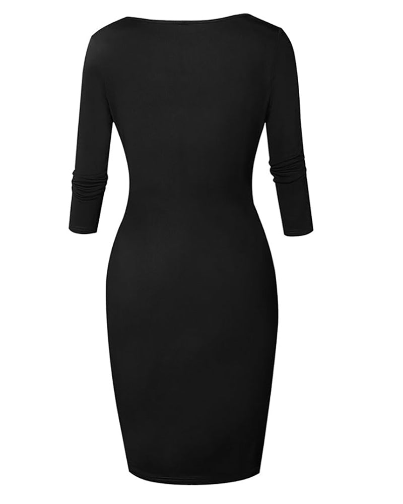 Square Neck Half Sleeve Full Front Zip Split Slim Fit Bodycon Dress