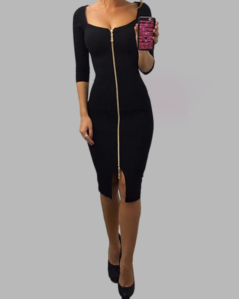 Square Neck Half Sleeve Full Front Zip Split Slim Fit Bodycon Dress