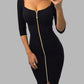 Square Neck Half Sleeve Full Front Zip Split Slim Fit Bodycon Dress