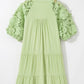 Laurel Green Floral Crochet Short Sleeve Notch V Neck Tiered Plus Size Mini Dress