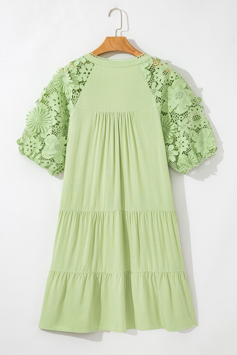 Laurel Green Floral Crochet Short Sleeve Notch V Neck Tiered Plus Size Mini Dress