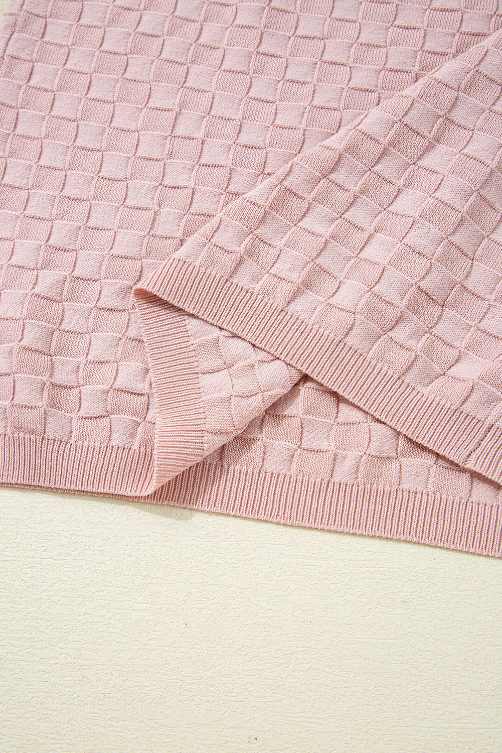 Light Pink Solid Textured Checkered U Neck Sweater Vest