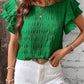 Dark Green Textured Ruffled Sleeve Round Neck Top