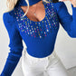 Keyhole Neck Multicolor Rhinestone Decor Knit Sweater