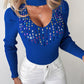 Keyhole Neck Multicolor Rhinestone Decor Knit Sweater
