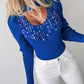 Keyhole Neck Multicolor Rhinestone Decor Knit Sweater