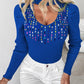Keyhole Neck Multicolor Rhinestone Decor Knit Sweater