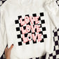 White Checkerboard LOVE Printed Round Neck Valentines Sweatshirt